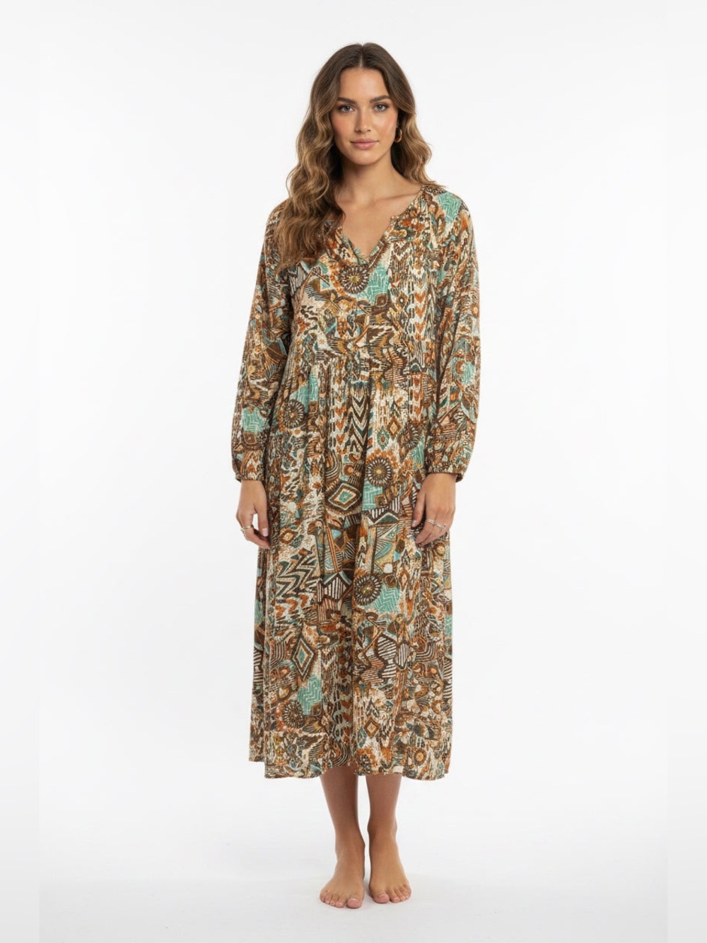 Boho Printed Long Sleeve Maxi Dress - Turquoise & Brown